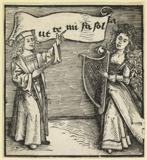 Song hour, 1501, woodcut, sheet: 10.3 x 9.4 cm, inscribed in banner: ut te mi fa sol la, Meister DS