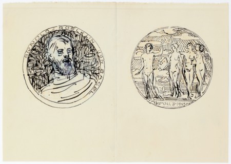 Draft for the Avers and Lapel of the Böcklin Medal 1897, 1897, pen (black) above blueprints, leaf: