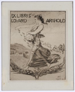 Ex Libris Eduard Arnhold, 1906, etching on thin China paper, mounted on dark gray cardboard, sheet: