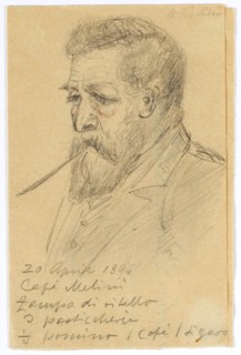 Arnold Böcklin in the Café Melini, Florence, smoking a cigar, 1896, pencil, sheet: 10.8 x 6.9 cm |,