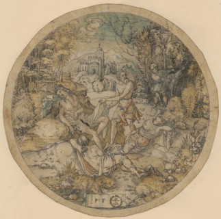 Priapus and Lotis, after 1540, feather in black, light green, blue and red watercolored, round cut