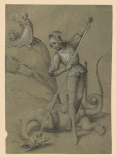 The hl., Georg on foot in the battle of the dragons, c. 1490, pen in black, gray washed, heightened