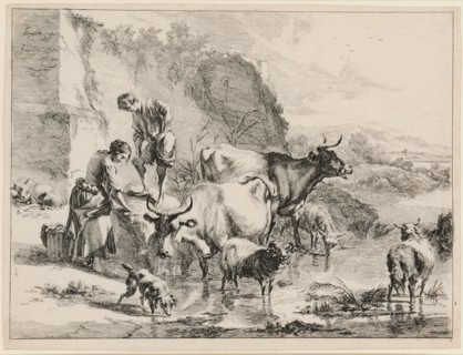 Washer and shepherd boy by the river, 1657-1658, etching, copperplate, sheet: 29.8 x 39.5 cm |,