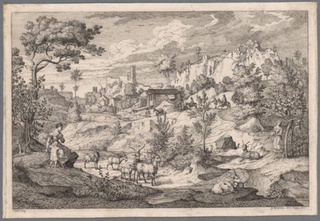 Serpentine landscape near Olevano with goatherds and donkey drivers, 1821, etching, sheet: 19.2 x