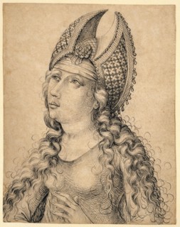 Half-length portrait of a woman looking up, to the left, c. 1470/80, pen in black, page: 18.6 x 14