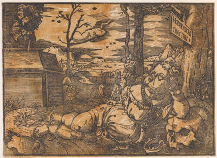 Sleeping Putto and Death (Vanitas Allegory), chiaroscuro woodcut of two panels (black and red