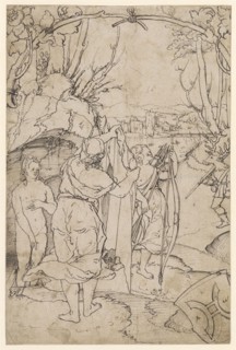 Disc tear with Diana and Aktäon, below the coat of arms of the Bullinger Antiker (?), Pen in black,