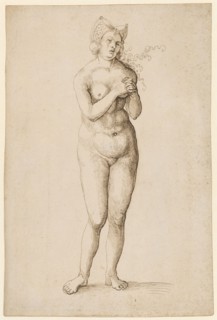 Naked woman with fantastic headdress and folded hands, feather in brown, leaf: 31.1 x 21.1 cm, not