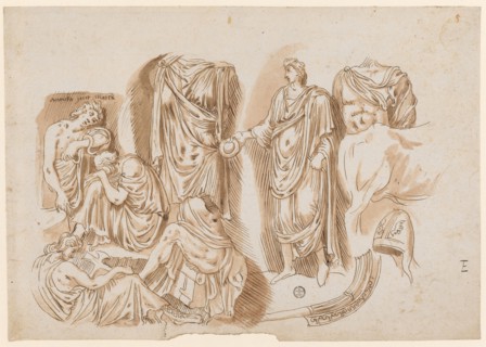 Relief fragment of an Orestes' sarcophagus, 1541/47, feather in brown, washed in red brown, leaf: