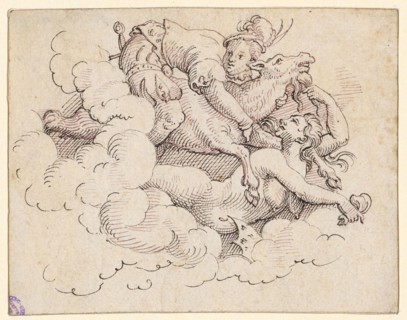 A witch flying to the right carries in clouds a young squire, riding a goat, feather in black and