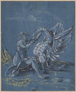 Leda with the swan, pen in black, white and yellow heightened, on steel blue primed paper, sheet:
