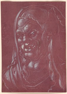 Head of an ugly old woman (witch), 1st half of the 16th century, brush in white, on violet-red