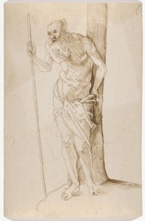 Naked man leaning against a tree, 1st half of the 16th century, feather in brown, sheet: 197/199 x