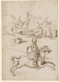 Slain peasant and jumping rider in front of a village, 1st half of the 16th century, feather in