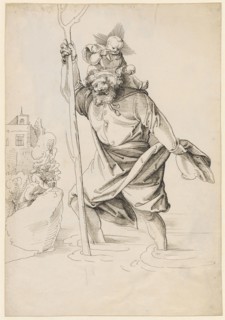 St. Christopher, 1st half of the 16th century, feather in black-brown, leaf: 31.2 x 21.6 cm,