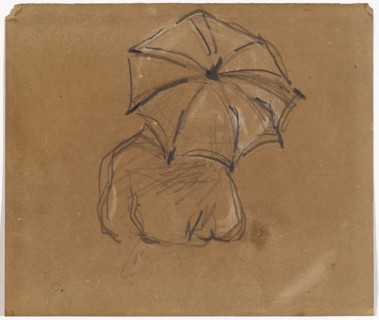 Figure with umbrella, seen from behind, 1866/69, black chalk and heights with white chalk on brown
