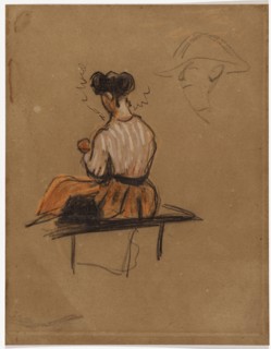 Woman sitting on a bench, 1864/65, colored and chalk in black, pen and ink on brown paper, mounted