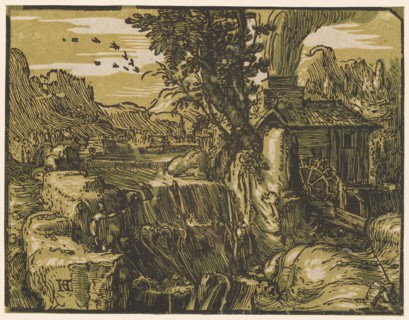 Landscape with waterfall, c. 1597/1600 (print probably 1617/20), chiaroscuro woodcut of three