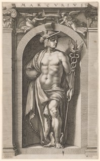 Mercury, 1592, copperplate, plate: 35.6 x 21.7 cm |, Leaf: 35.7 x 21.9 cm, O. M. inscribed: