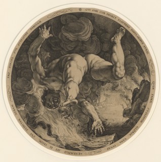 Ixion, 1588, copperplate engraving, sheet: (diameter) 33.2 cm (trimmed at the edge of the plate), U