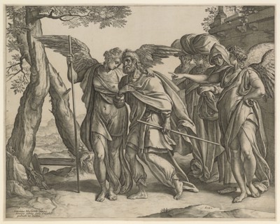 Loth's Extract from Sodom, 1582, copperplate engraving, sheet: 32.5 x 40.8 cm, U. l., inscribed: