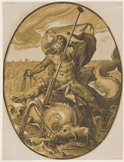 Oceanus, 1588/90 (probably print 1617/20), chiaroscuro woodcut of three panels (ocher, light olive