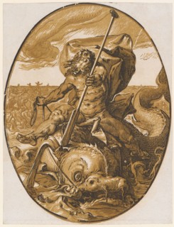 Oceanus, 1588/90 (probably print 1617/20), chiaroscuro woodcut of three plates (ocher, light brown
