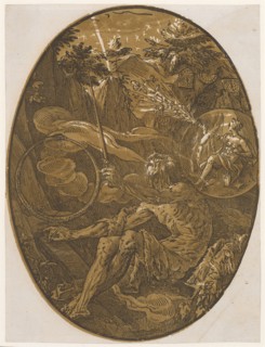 Demogorgon in the Cave of Infinity, 1588/90 (probably print 1617/20), chiaroscuro woodcut of three