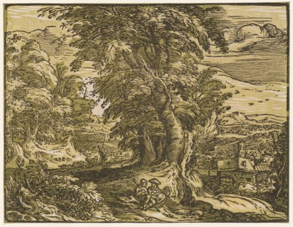 Landscape with a shepherd couple, c. 1597/1600 (print probably 1617/20), chiaroscuro woodcut of