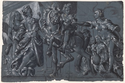 A rider at the crossroads, feather in black and dark gray, gray washed, heightened in white, on