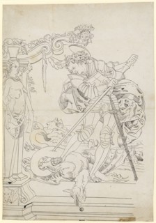 Slice tear with St. George, feather in black, sheet: 42.2 x 29.4 cm, not marked, Tobias Stimmer,
