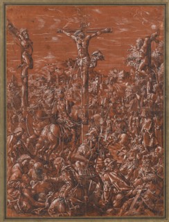 Golgotha, feather in black, heightened with white, on red primed paper, completely wound up,