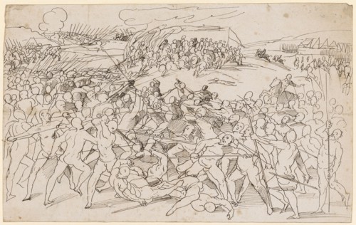 Battle scene between naked infantry and cavalry, feather in black, Leaf: 20.2 x 32.7 cm, Unmarked,