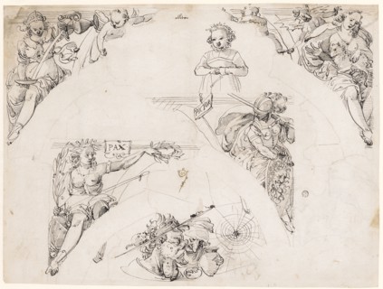 Drafts for corner paintings with Prudentia, Pax, Minerva and Patientia and ugly pair of fools,