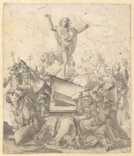 Allegorical depiction of the Resurrection of Christ, feather in black, gray washed, fully wound,