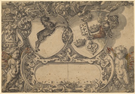 Lower half of a disc rupture with coat of arms of Caspar II, abbot of St. Blasien, 1577, feather in