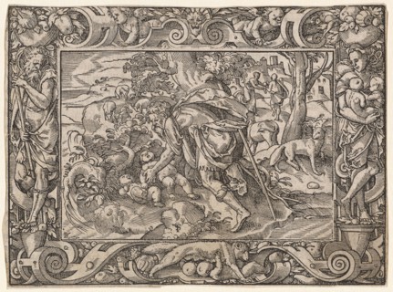 Faustulus finds the boys Romulus and Remus, 1574, woodcut, image: 10.7 x 14.6 cm, U. l.,