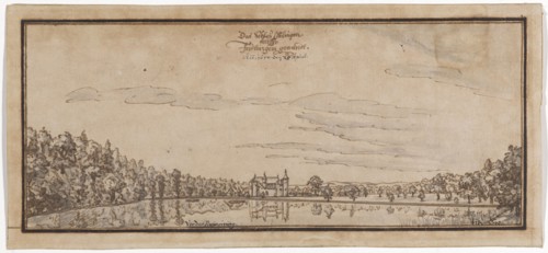 View of the Öttlingen moated castle, also called Friedlingen, 1649, feather in brown, in places in