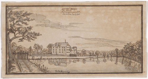 View of the moated castle Öttlingen, also called Friedlingen, 1649, feather in brown, light blue