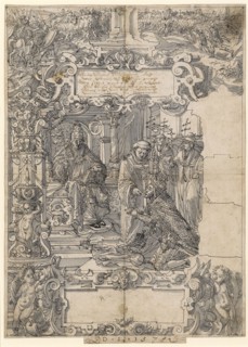 Slice tear with Emperor Henry VII, who receives the communion, in the upper picture battle scene,