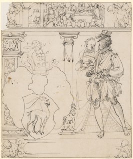 Broken glass with running pair of lovers and the coat of arms Keller zum Steinbock, in the upper