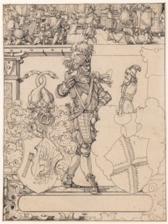Disc tear with a helmeted knight as shield companion and the arms of Lichtenfels-von Römerstall and