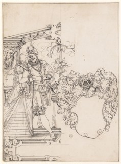 Cracked disc with walking pair of lovers and blank blazon, feather in black, sheet: 34.6 x 25.4 cm