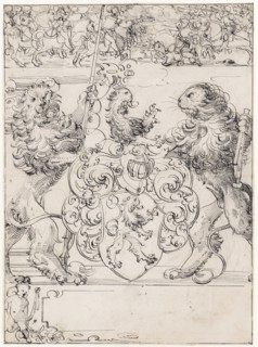 Slice rupture with two lions as shield holders and lion coat of arms, in the Oberbild riding