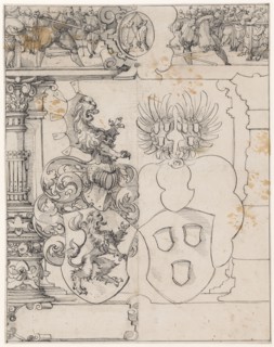 Slice tear with alliance coat of arms to Rhine, from Reinach (?), In the upper picture duel with