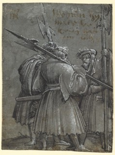 Three Landsknechts in Entertainment (Three Night Watchmen), 1513, feather in black, heightened with