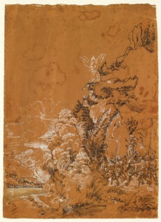 Forest landscape with angel and mercenaries (Christ on the Mount of Olives), feather in black,