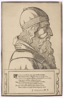 Breast portrait of Aristotle, 1549, woodcut, leaf: 34.7 x 22.6 cm, U. l., monogrammed: RHMD [lig.],