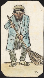 Man with Broom, Pencil, Feather in Black, Colored Pencil, Sheet: 13.9 x 10.9 cm, U. r., signed with