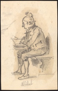 Sitting, reading man from the side, pencil, sheet: 14.5 x 9.4 cm, U. M. inscribed in pencil: